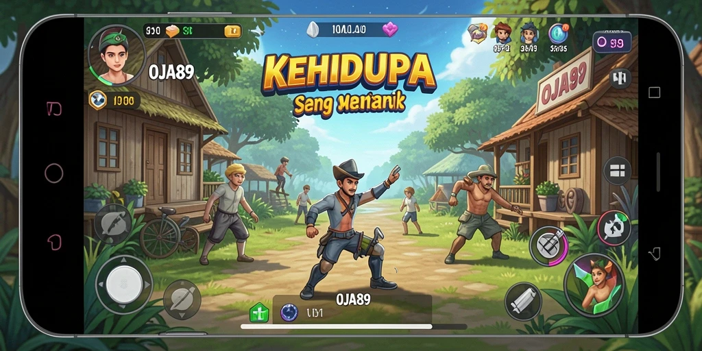 Tampilan screenshot gameplay <strong>OJA89</strong> dengan karakter yang berinteraksi di lingkungan yang dinamis.