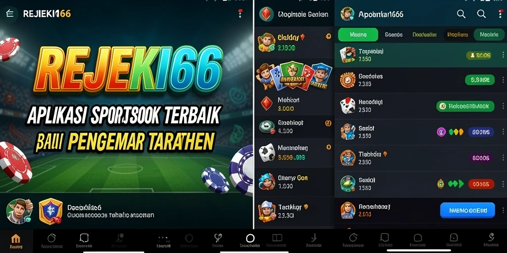 Screenshot utama REJEKI66 menampilkan antarmuka aplikasi Sportsbook yang menarik.